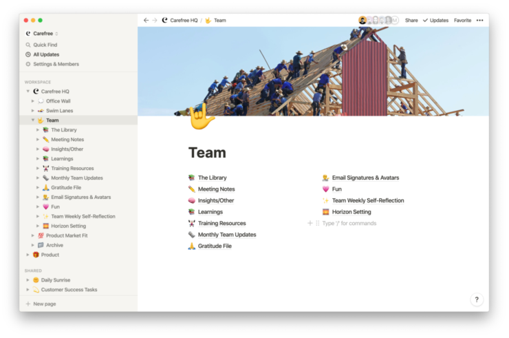 Screenshot of Carefree's use of Notion